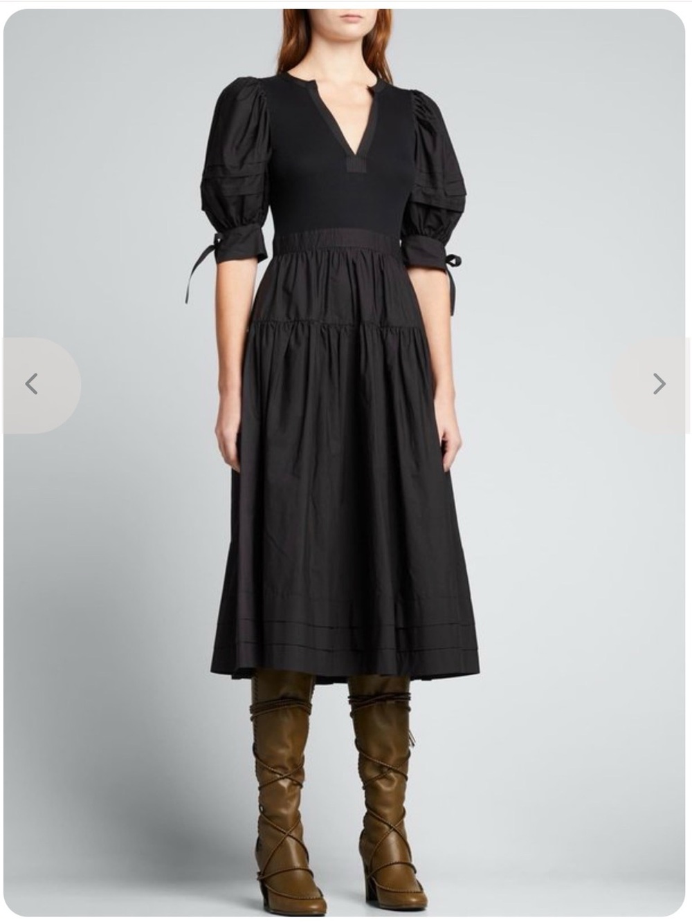 Ulla Johnson Cintia Black Midi Puff-Sleeve V-Neck Dress